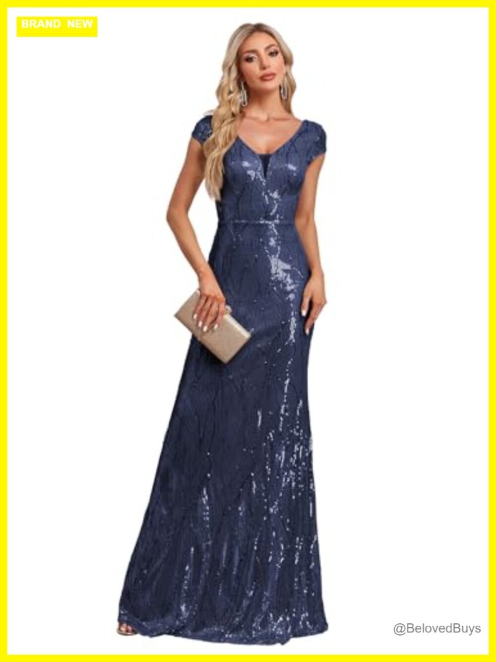 XUIBOL Sequined V-Neck Short Sleeve Floor Length Formal Evening Gown